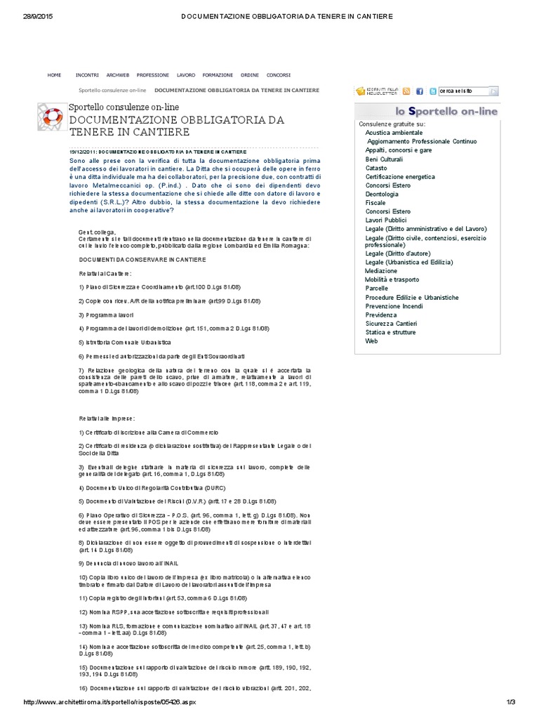 Documentazione Da Tenere In Cantiere Pdf