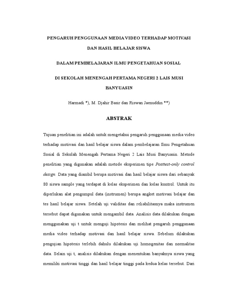 Pengaruh Penggunaan Media Video Terhadap Motivasi Dan Hasil Belajar
