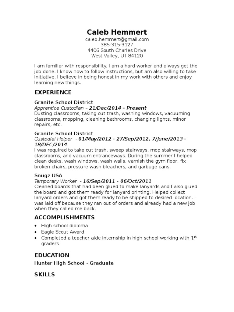 Caleb Hemmert's Custodial Experience Resume | PDF
