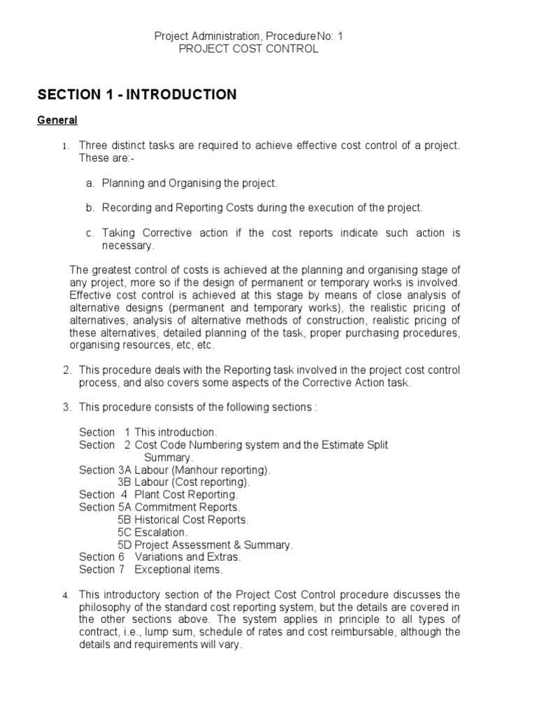 Project Cost Control Procedure PDF Cost Accounting Historical Cost