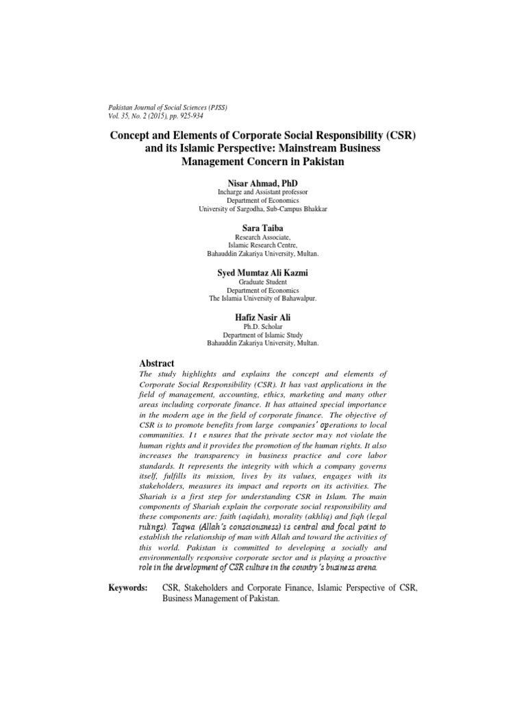 Elements of CSR in Pakistan's Context | PDF | Corporate Social ...