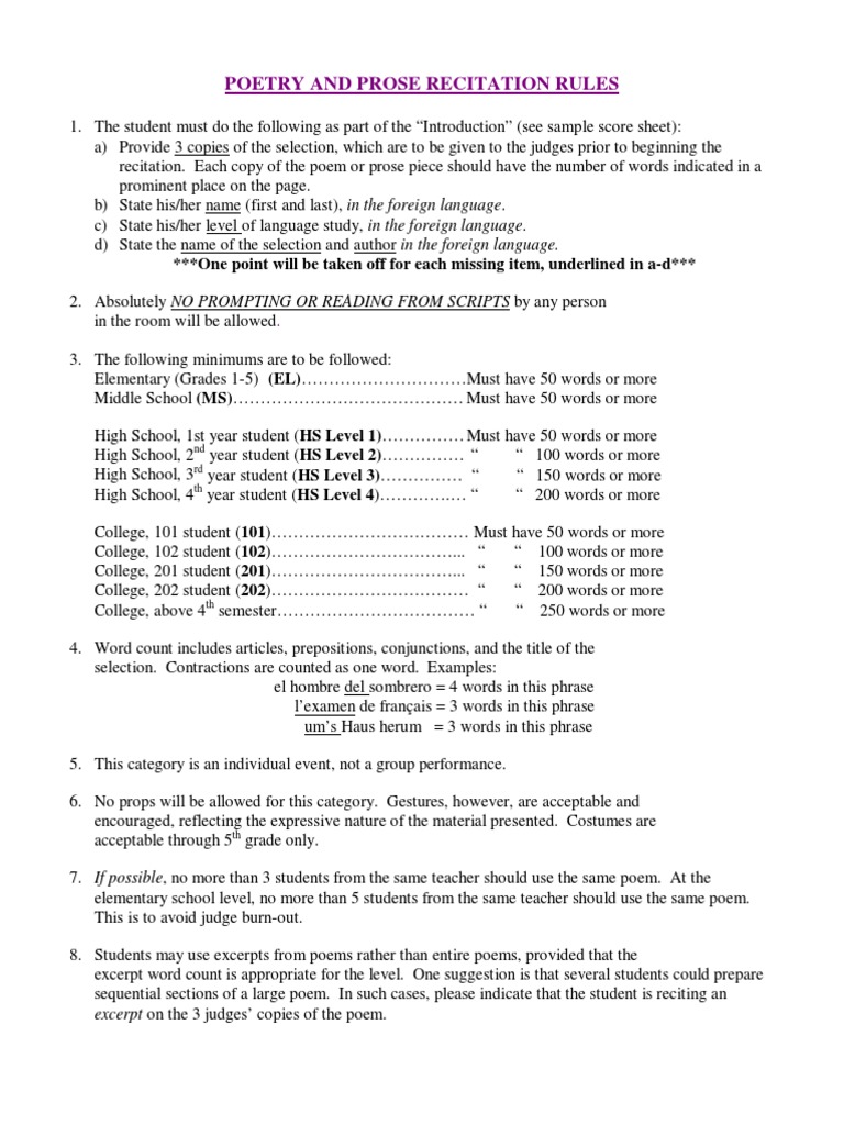 2011 Poetry And Prose Recitation Rules