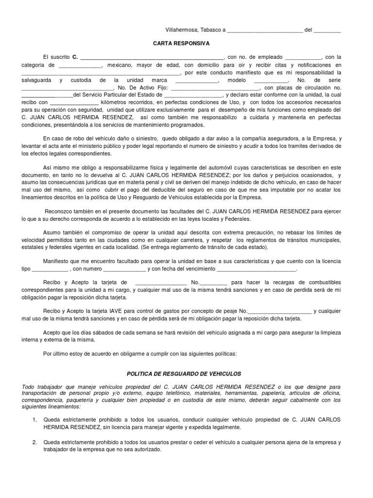 Carta Responsiva Vehiculos