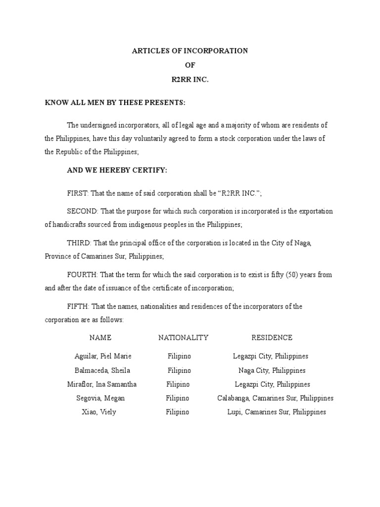 Articles of incorporation sample philippines economies