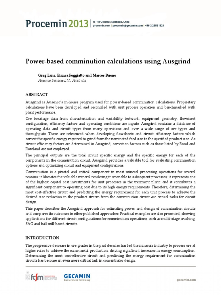 Power Based Comminution Calculations Using Ausgrind Pdf Mill