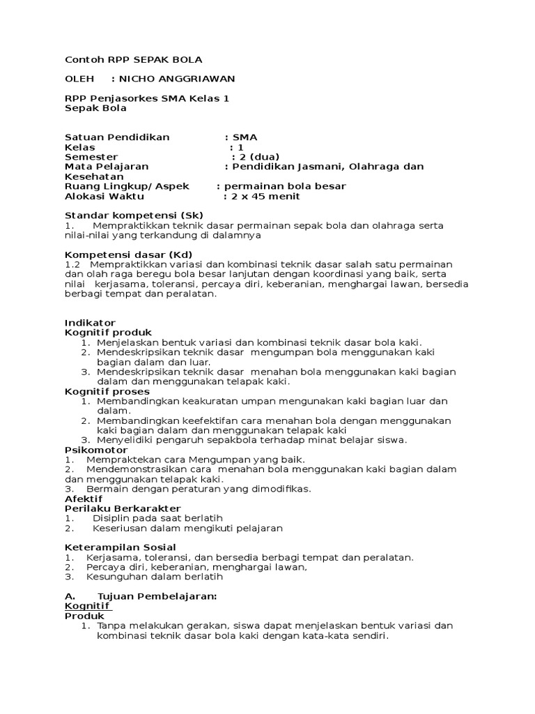 Contoh Rpp Sepak Bola