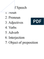 Parts of Speech 1. Noun 2. Pronoun 3. Adjectives 4. Verbs 5. Adverb 6. Interjection 7. Object of Preposition