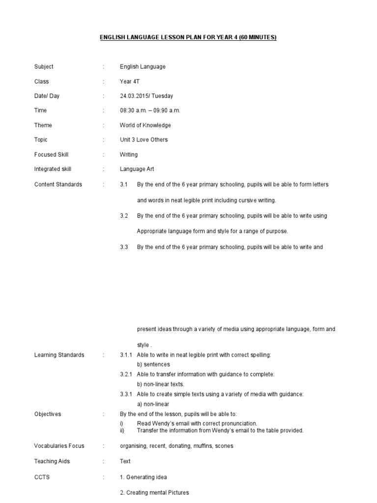 English Language Lesson Plan For Year 4 (60 Minutes) | PDF | English ...