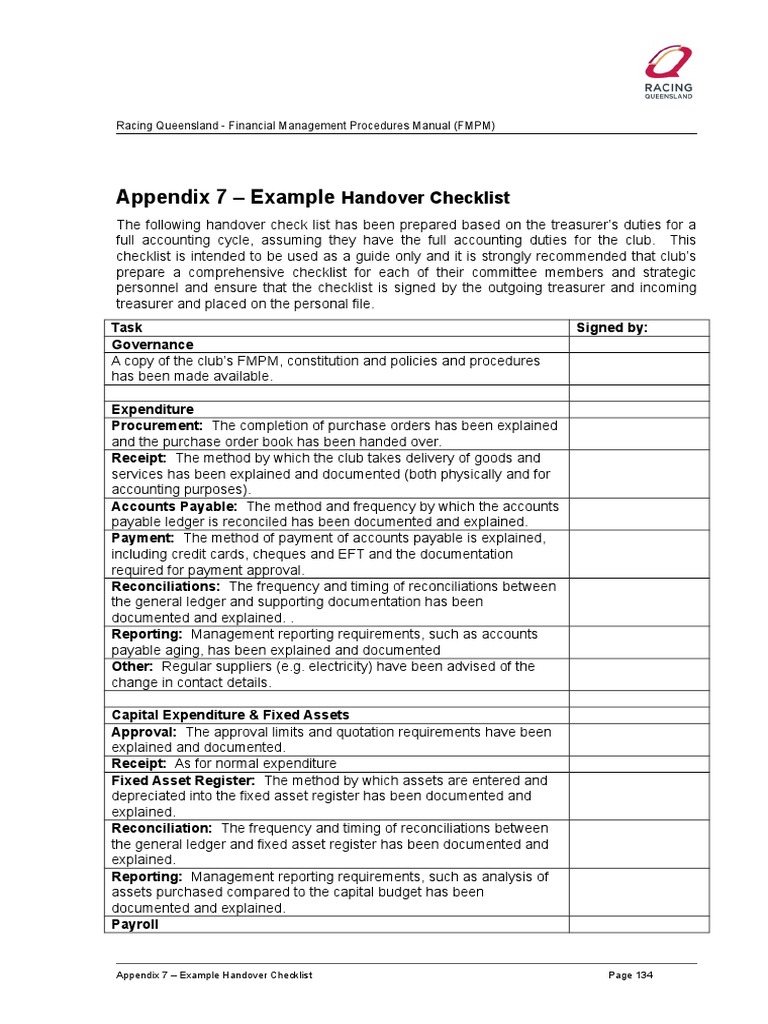 Appendix 7 Example Handover Checklist Aug 13 | PDF | Accounts Payable ...