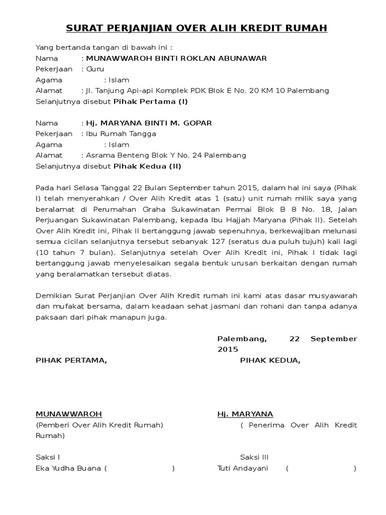 Surat Perjanjian Over Kredit Pdf