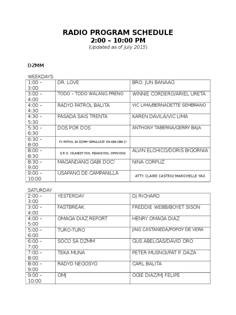 Radio Program Schedule Metro Manila Broadcasting
