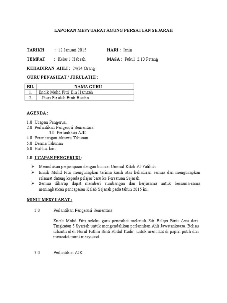 Minit Mesyuarat Kelab Sejarah Pdf