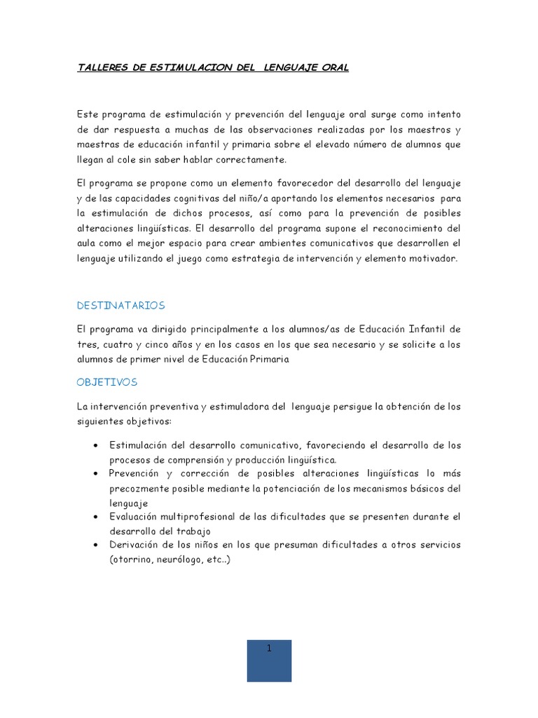 Taller de Estimulación del Lenguaje Oral | PDF | Educación primaria ...