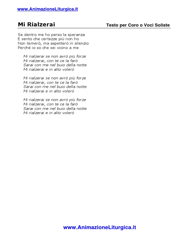 Mi Rialzerai Il Testo Per Coro O Voci Soliste