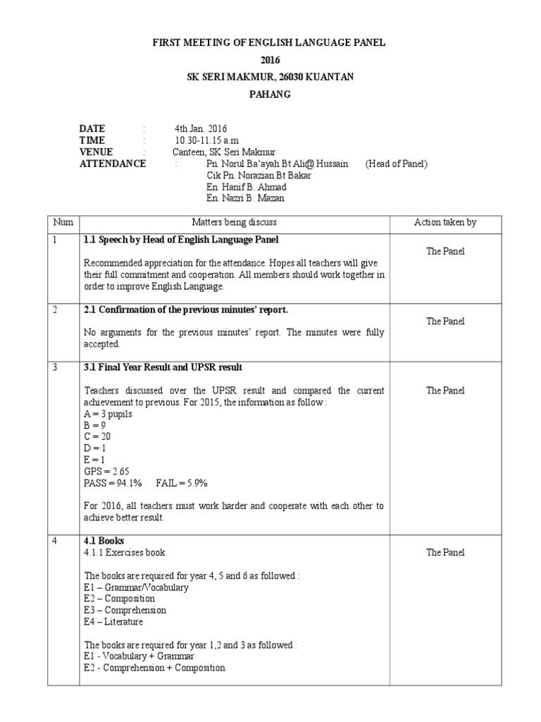1st Meeting Minutes 2016 English Panel SR  Lesson Plan  Pedagogy