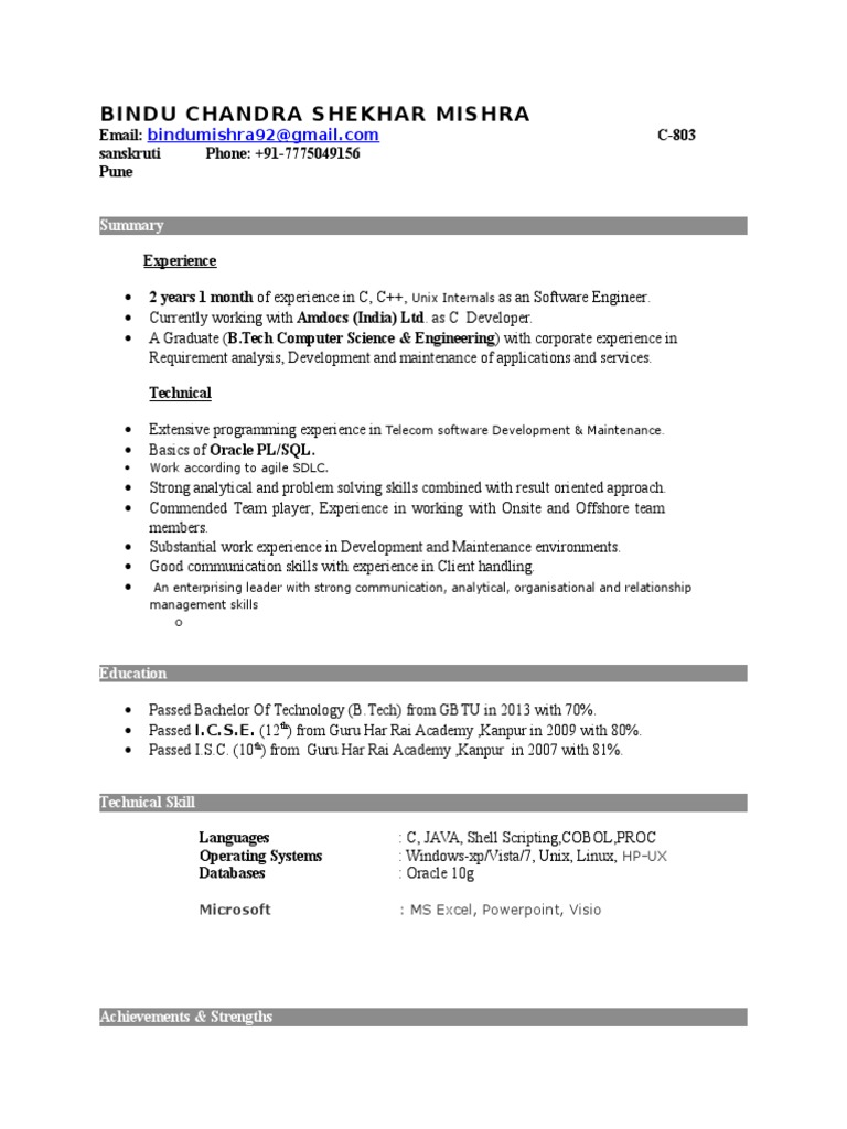 C Developer Resume: Bindu Mishra | PDF | Oracle Database | Unix