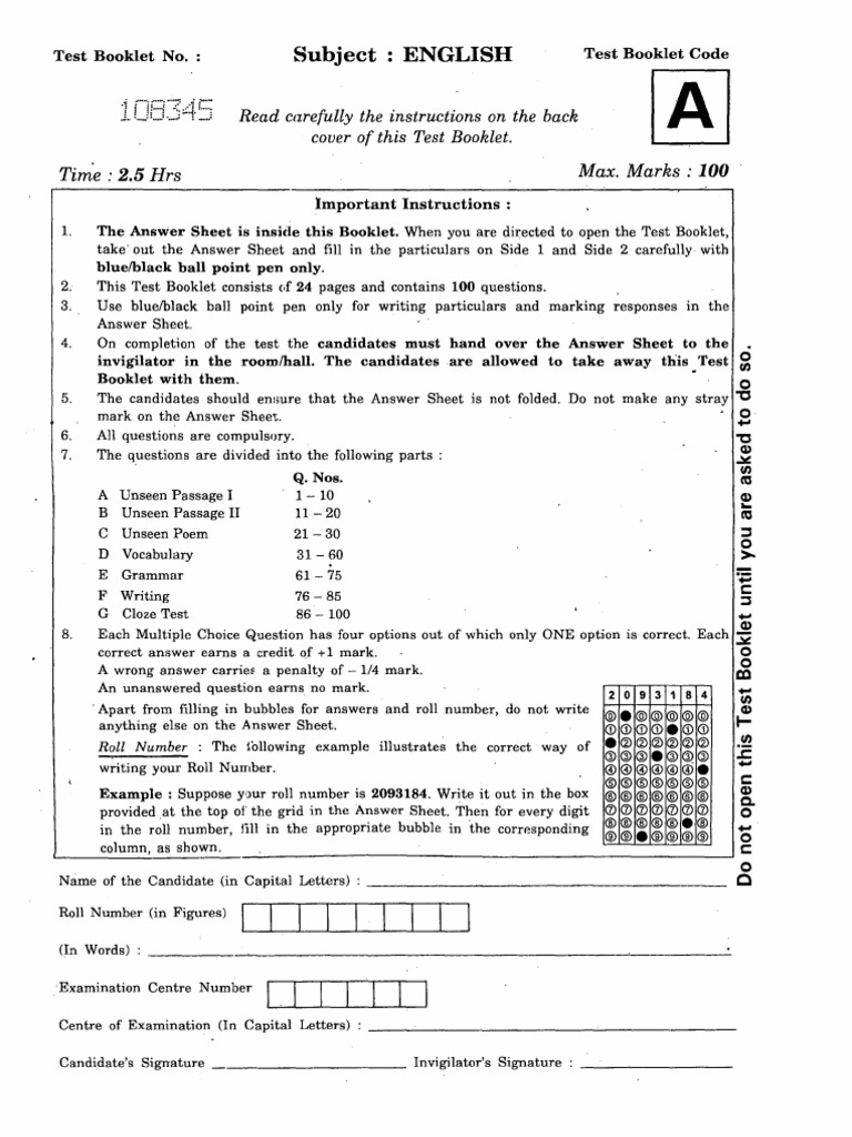 English Test Booklet Instructions | PDF | Multiple Choice | Test ...