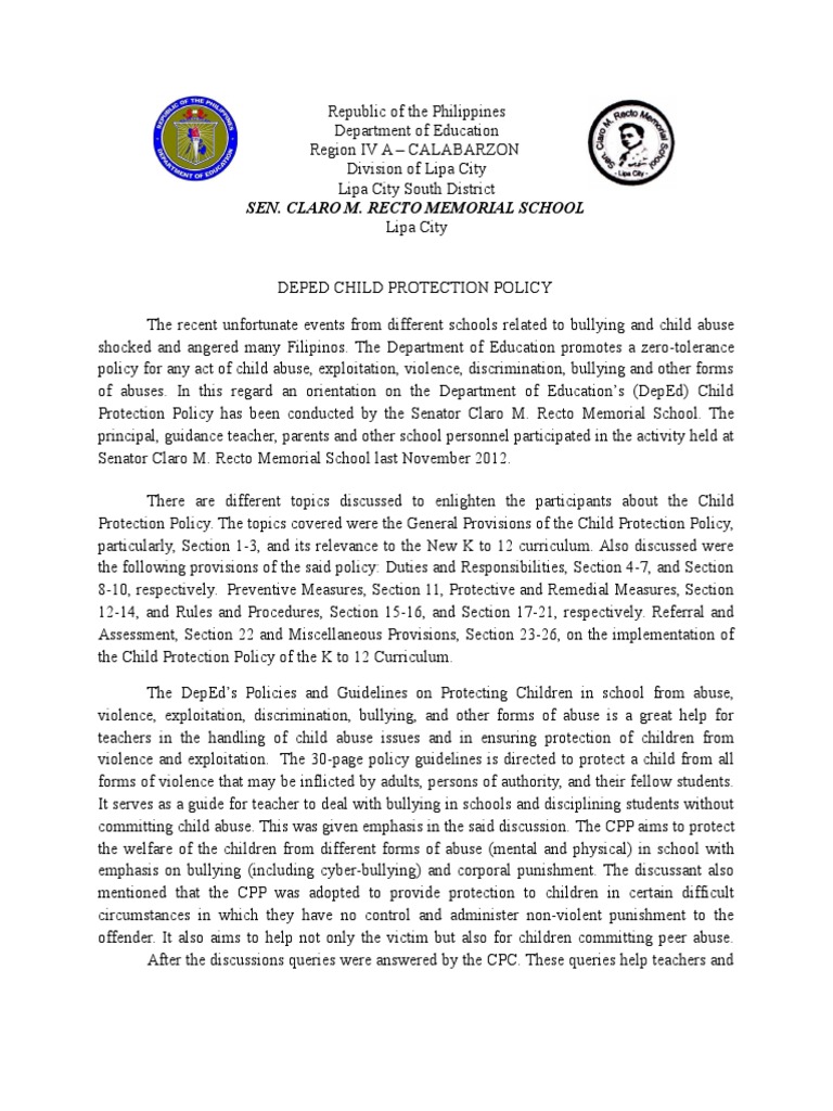 DepEd Child Protection Policy Overview | PDF | Child Protection ...