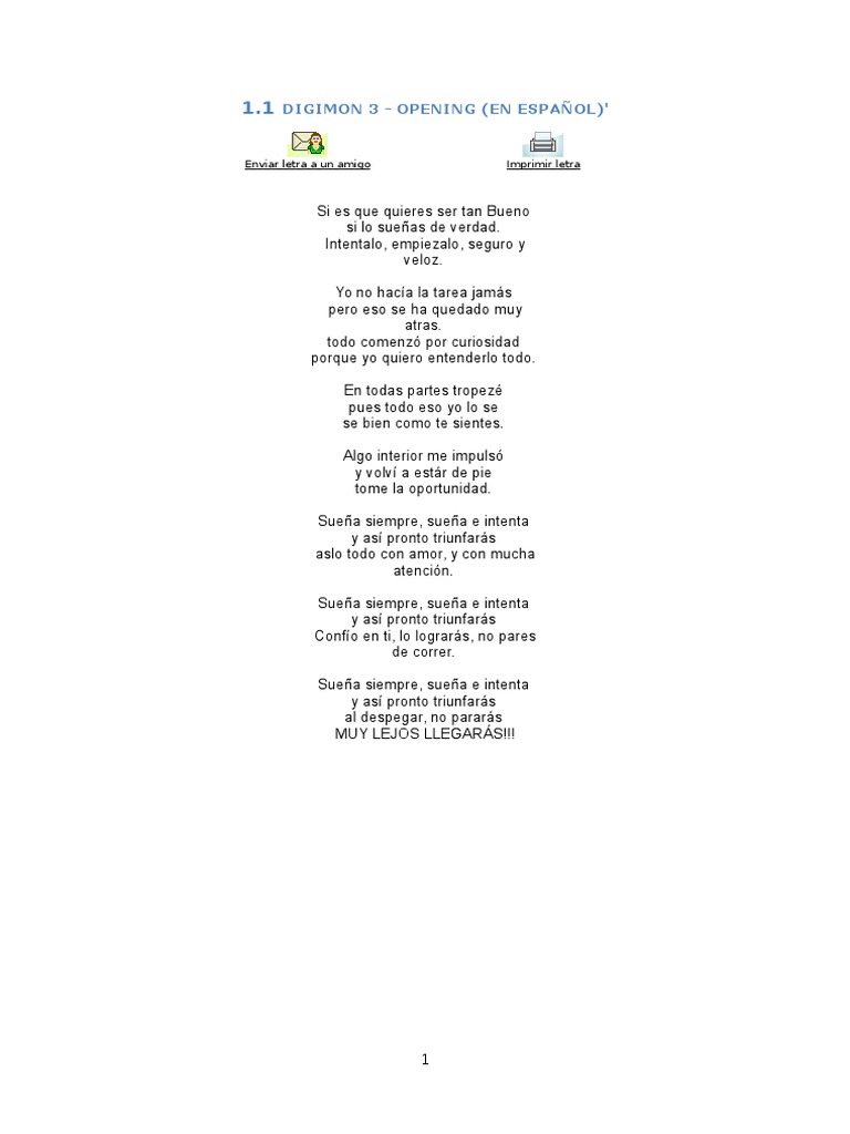 Letra del Opening de Digimon 3 | PDF