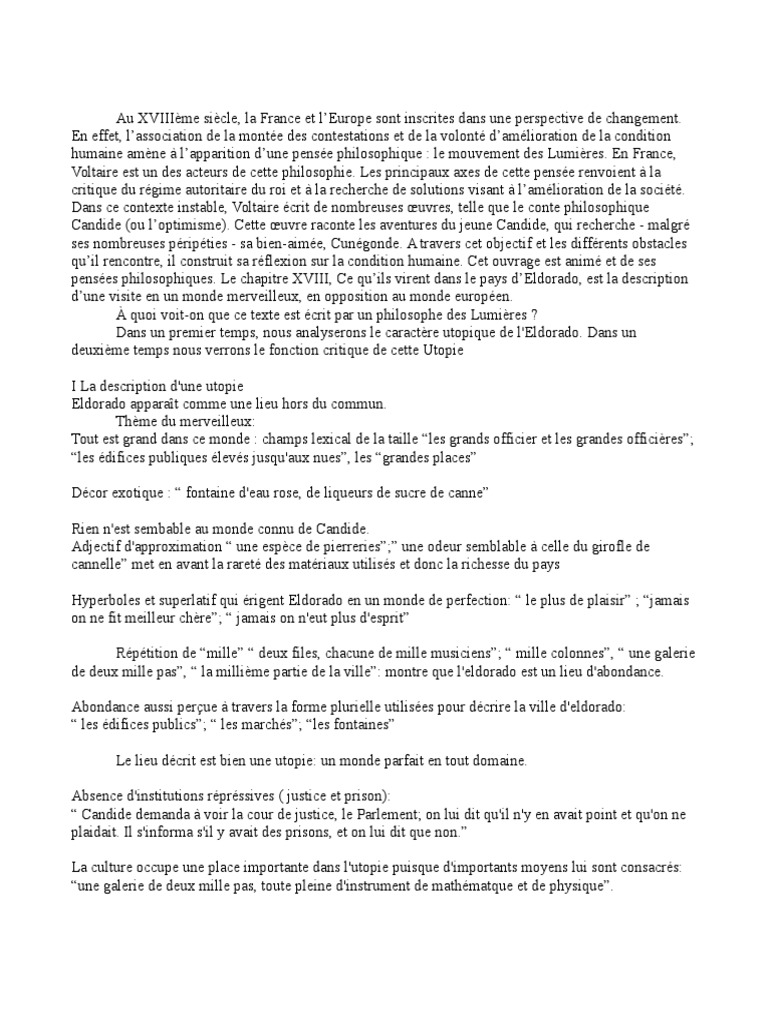 Voltaire  Commentaire Eldorado  Candide  Voltaire  Essai gratuit de