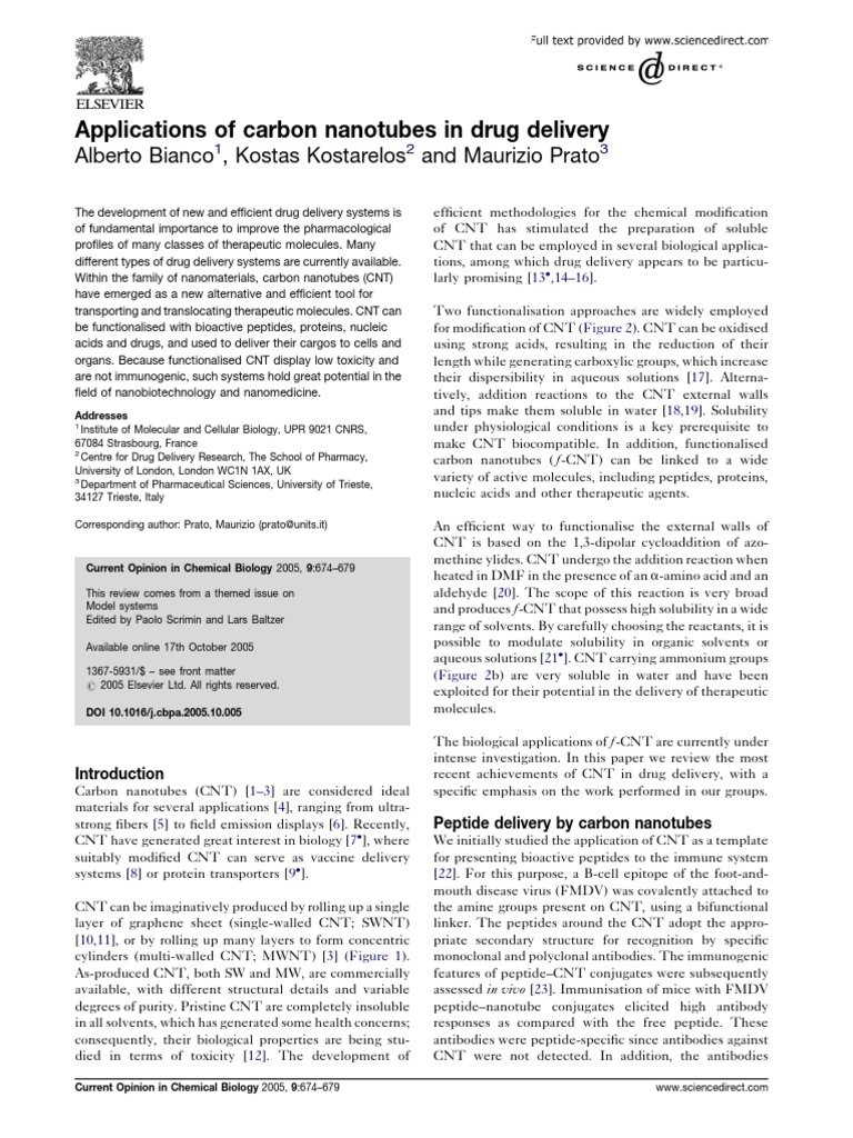 Carbon Nanotubes in Drug Delivery | PDF | Chemistry | Life Sciences