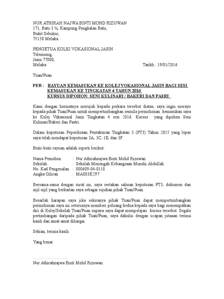 Per Rayuan Kemasukan Ke Kolej Vokasional Jasin Bagi Sesi Kemasukan Ke Tingkatan 4 Tahun 2016 Kursus Dipohon Seni Kulinari Bakeri Dan Pasri