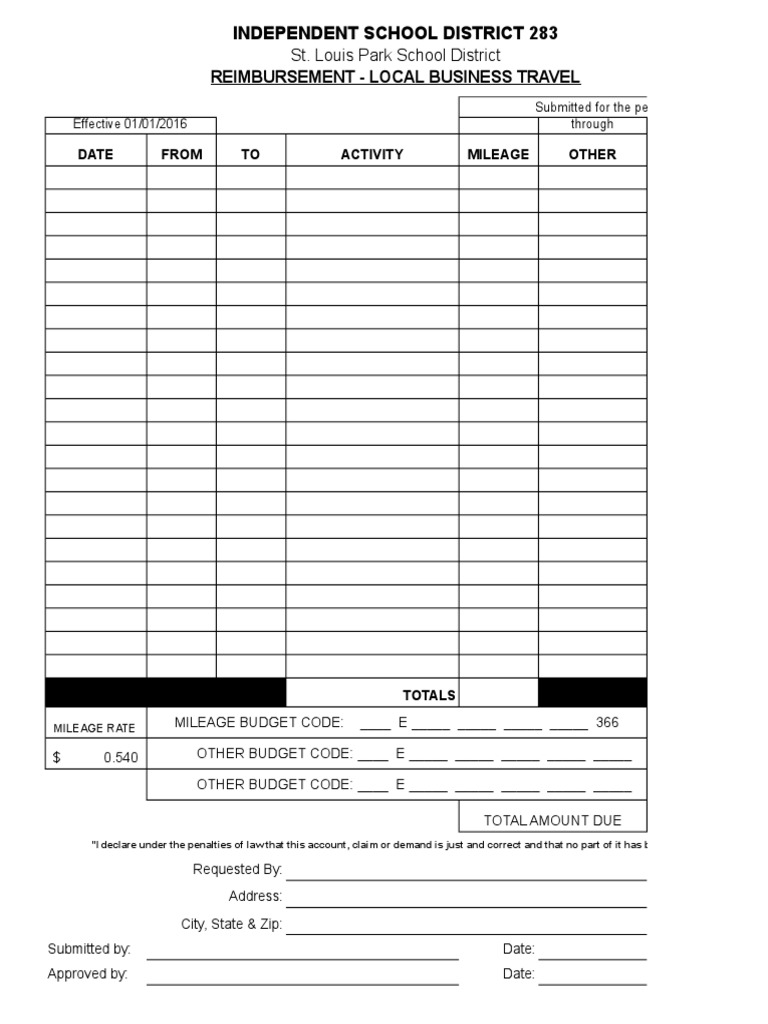 ISD 283 Business Travel Reimbursement Form | PDF