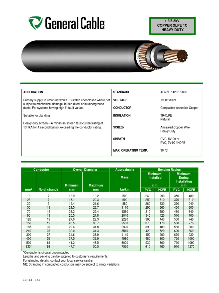 1c Cu Xlpe PVC 1.9 (3.3) KV Heavy Duty Cws | PDF | Cable | Electrical ...
