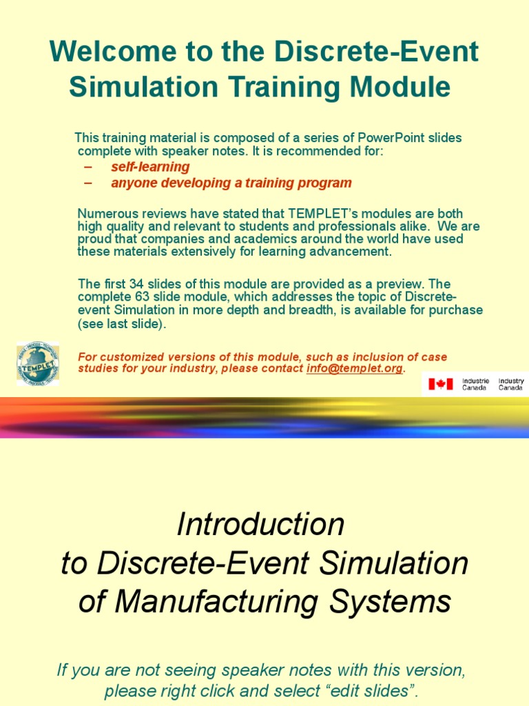 Welcome To The Discrete-Event Simulation Training Module: Self-Learning ...