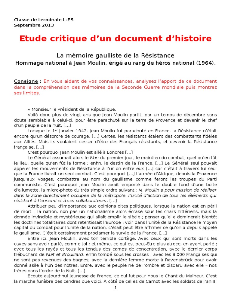 Etude Critique De Document Histoire Memoire Seconde Guerre Mondiale