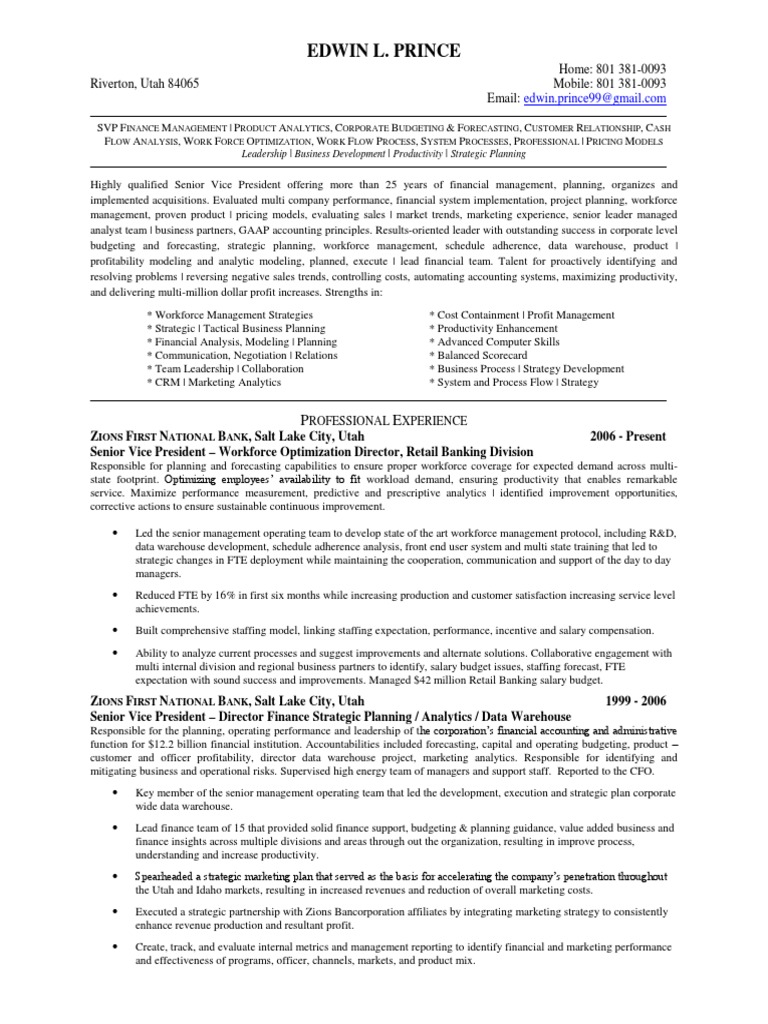 VP Finance Workforce Director in Salt Lake City UT Resume Edwin Prince