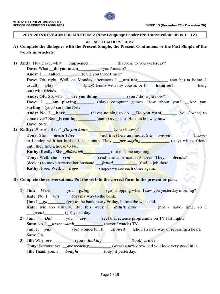 Midterm 2 Revision: English Grammar Exercises | PDF | Language ...