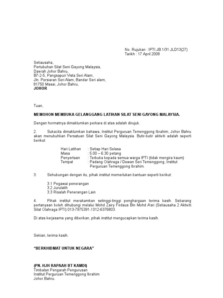 Contoh Surat Memohon Peruntukan Membuat Gelanggang Silat