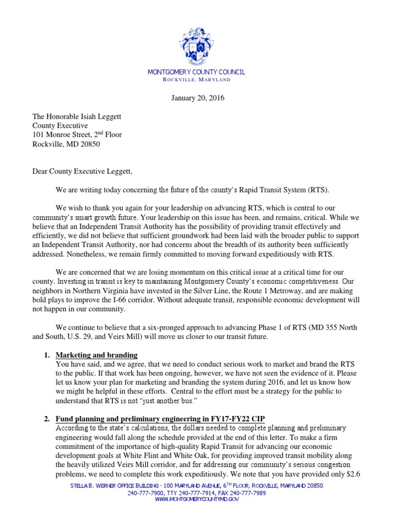 CMs Letter To CE Leggett On Moving BRT Forward PDF Transport Road
