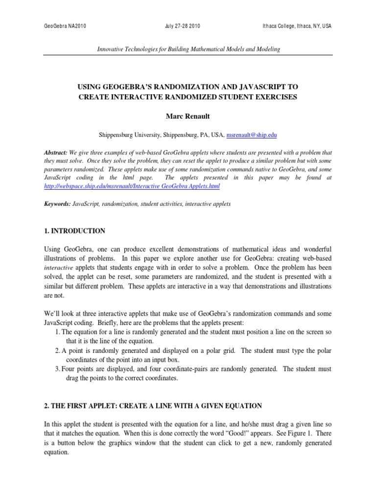Using Geogebra's Randomization and Javascript To Create Interactive Randomized Student Exercises