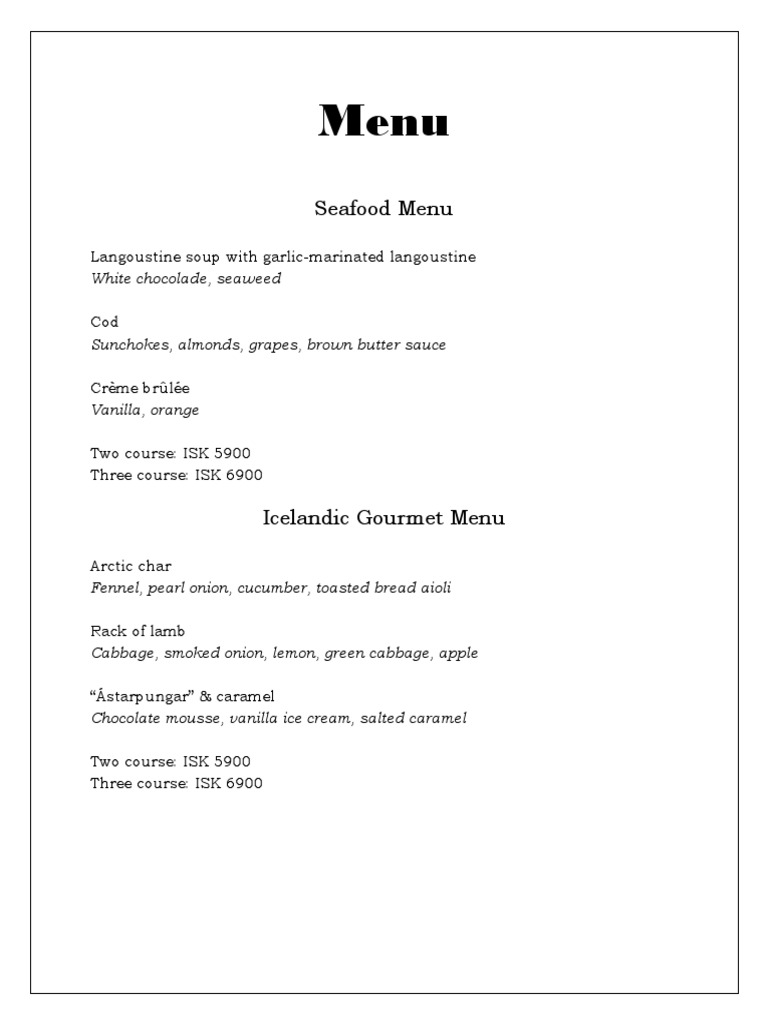Icelandic Seafood and Gourmet Menus | PDF | Travel | Cooking, Food & Wine