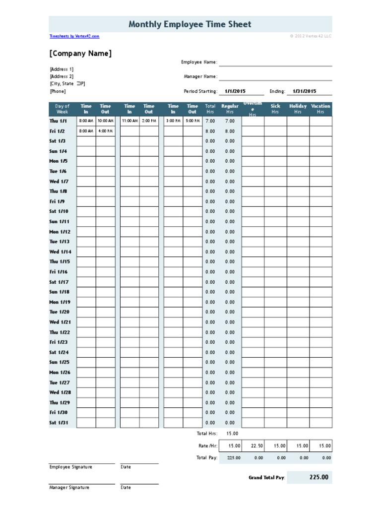 Timesheet With 2 Breaks Monthly | Copyright | Limited ...