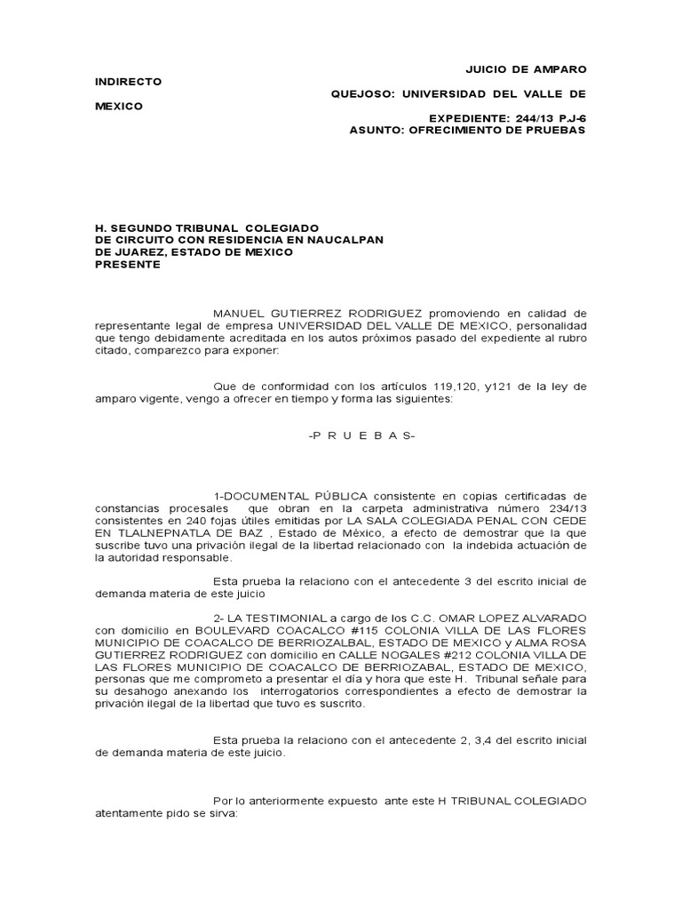 Ofrecimiento de Pruebas en Amparo Indirecto | PDF | Derecho