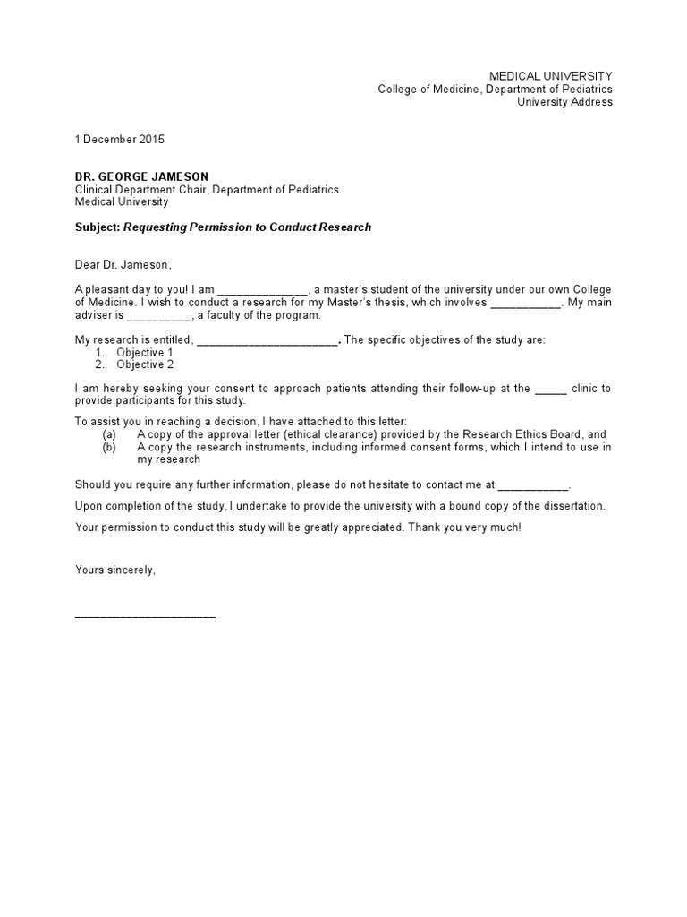 Sample Request Letter To Conduct A Study | PDF | Informed Consent