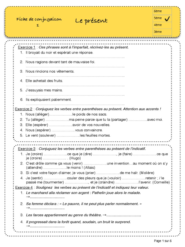 Exercices Présent De L'indicatif 5ème Pdf Présent 5ème Évaluation 1 | Verbe | Mécanique du langage
