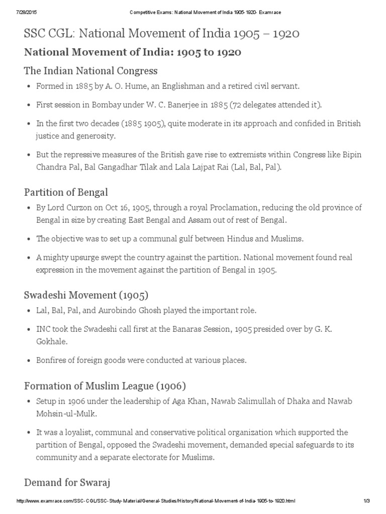 SSC CGL: National Movement of India 1905 1920 | PDF | Indian National ...