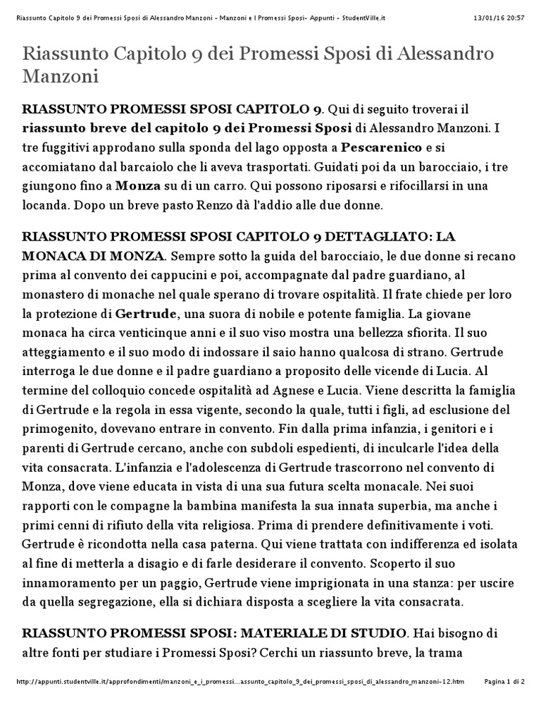 Riassunto Capitolo 9 Promessi Sposi Di Alessandro Manzoni Manzoni E I Promessi Sposi Appunti Studentville
