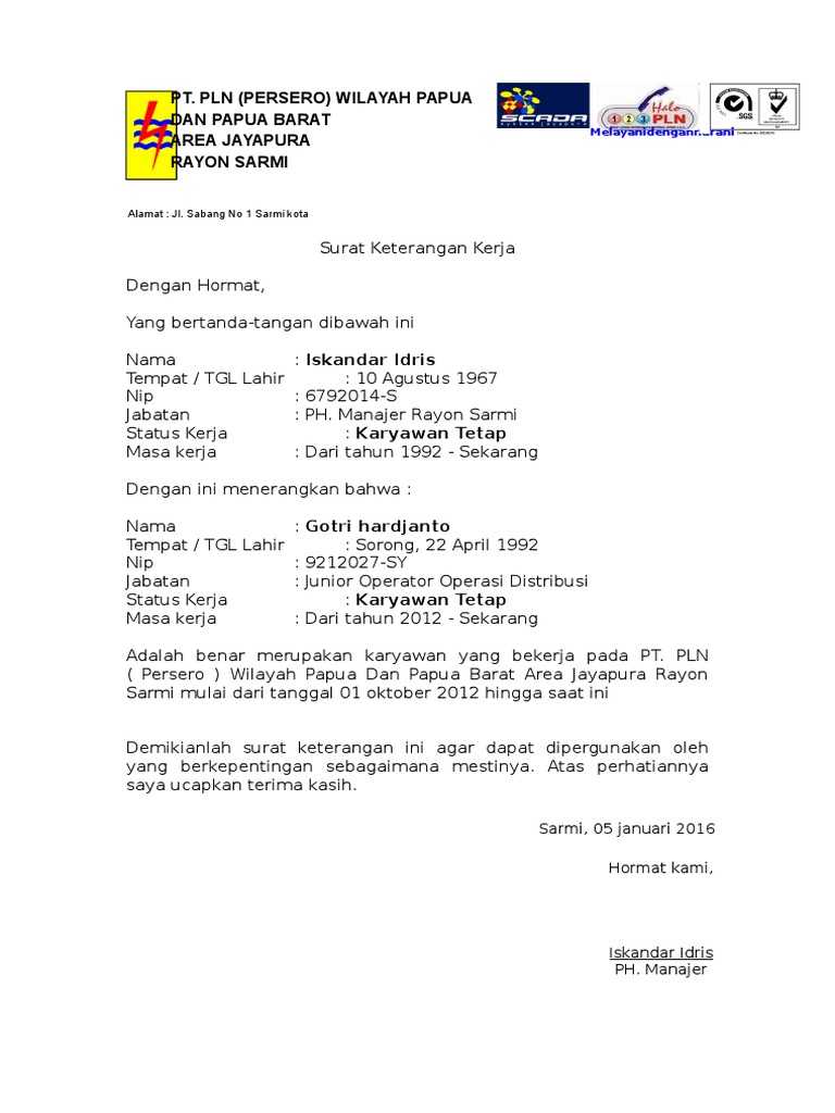 Surat Keterangan Kerja