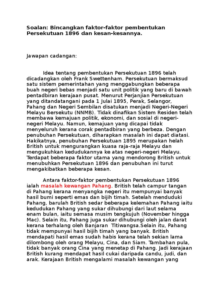 Faktor Faktor Pembentukan Persekutuan 1896 Dan Kesan Kesannya Pdf