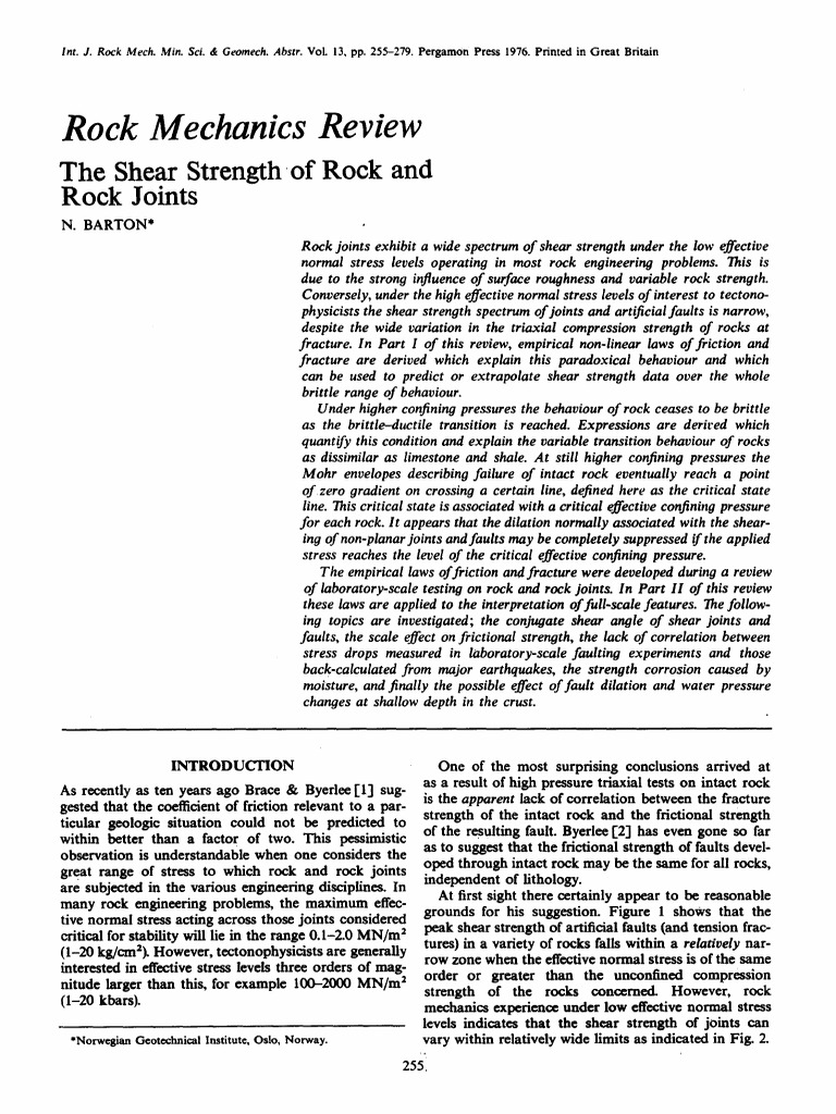 The Shear Strength of Rock and Rock Joints PDF Strength Of