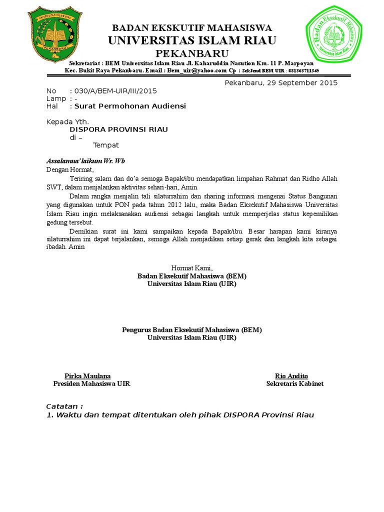 Surat Audiensi Bem Uir Keasdf Dispora