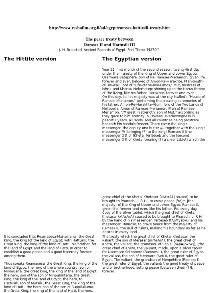 Ramses II and Hattusili III Peace Treaty | PDF | Hittites