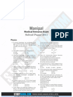 Manipal UGET Medical 2011 Previous Year Paper With Solutions