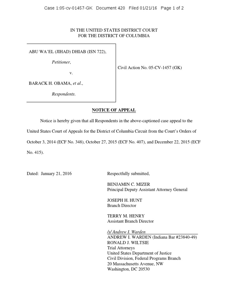 Notice of Appeal in Dhiab Case | PDF