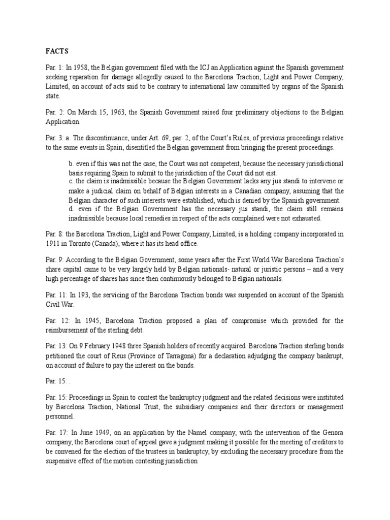 Barcelona Traction Case Digest Bankruptcy